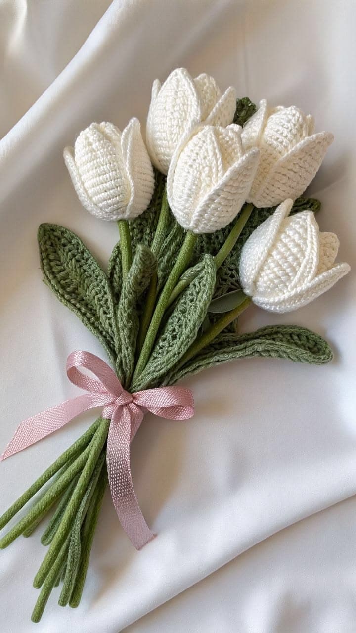 Handmade white crochet tulip bouquet with a pink ribbon